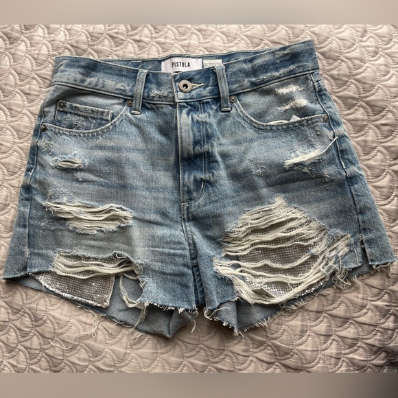 PISTOLA Ripped Jean Shorts With Metallic Pockets Y2K - Picture 2 of 9